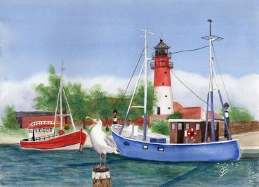 Postkarte DIN-A6 Aquarell Maritim Kunst Druck Kunstdruck Nordsee Büsum Leuchtturm Hafen Strand Meer